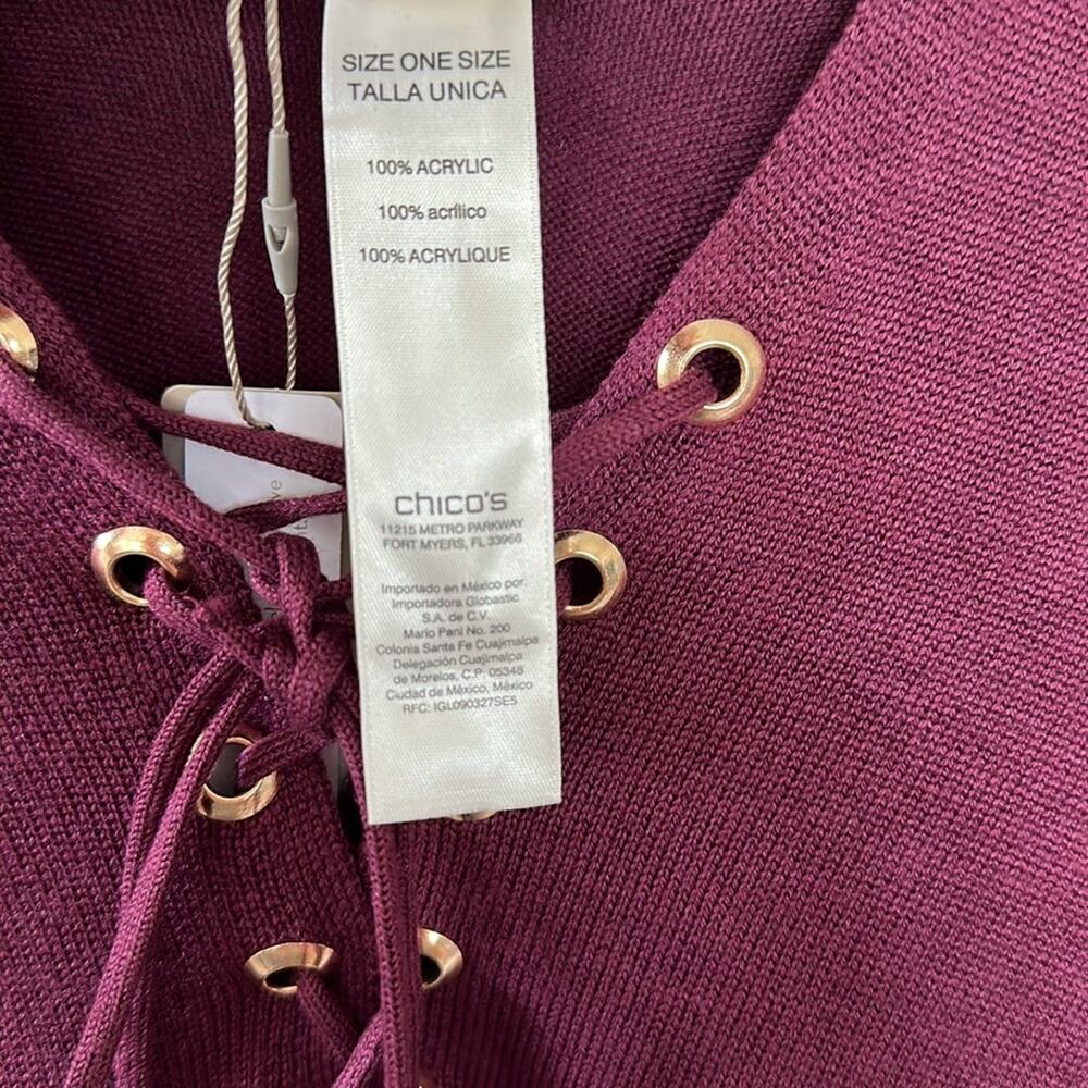 NEW Chico’s Lace Up Fringed Poncho Gold Hardware Tie Cover Up Purple One Size - Picture 6 of 9